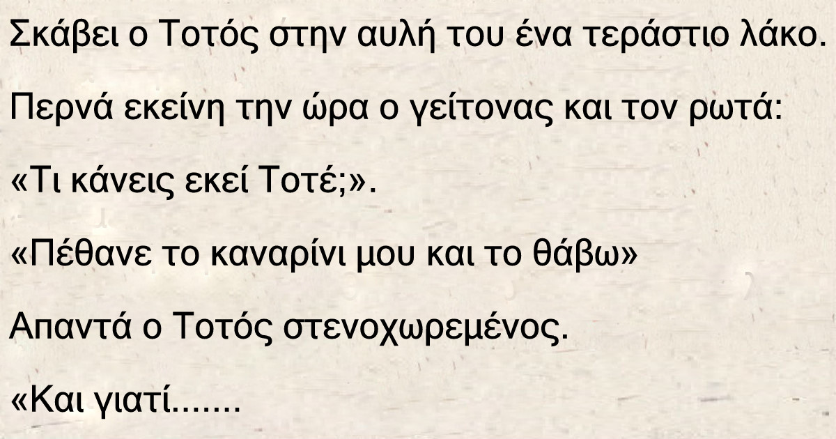 Σκάβει ο Τοτός ένα τεράστιο λάκο. Περνά εκείνη την ώρα ο γείτονας και τον ρωτά